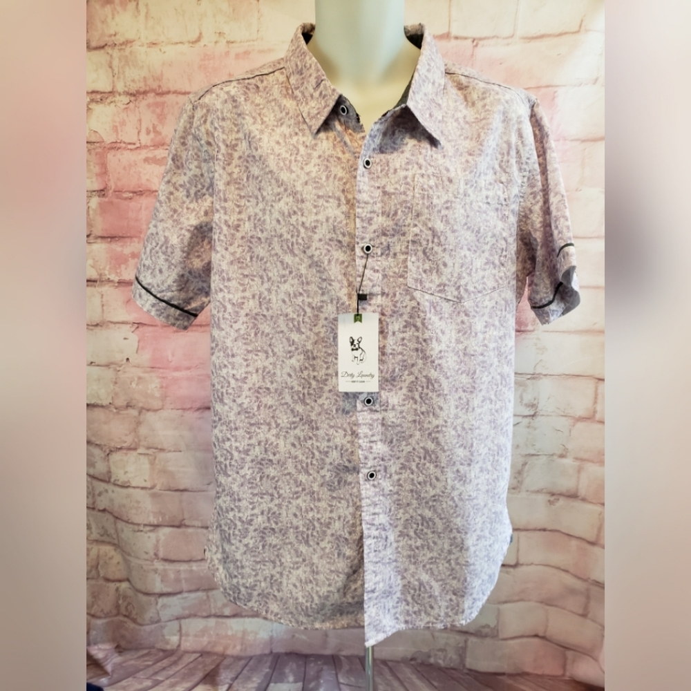 Dirty Laundry Mens Short Sleeve Button Shirt White Purple Leaf Pattern SZ XL